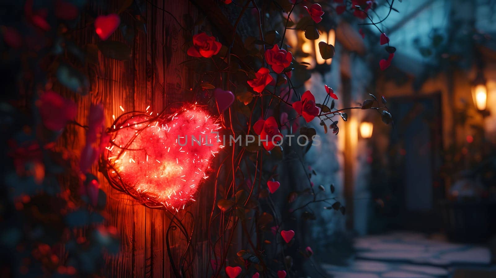 A glowing heart-shaped light decorates a wooden wall, surrounded by red roses at night. Romantic and enchanting.