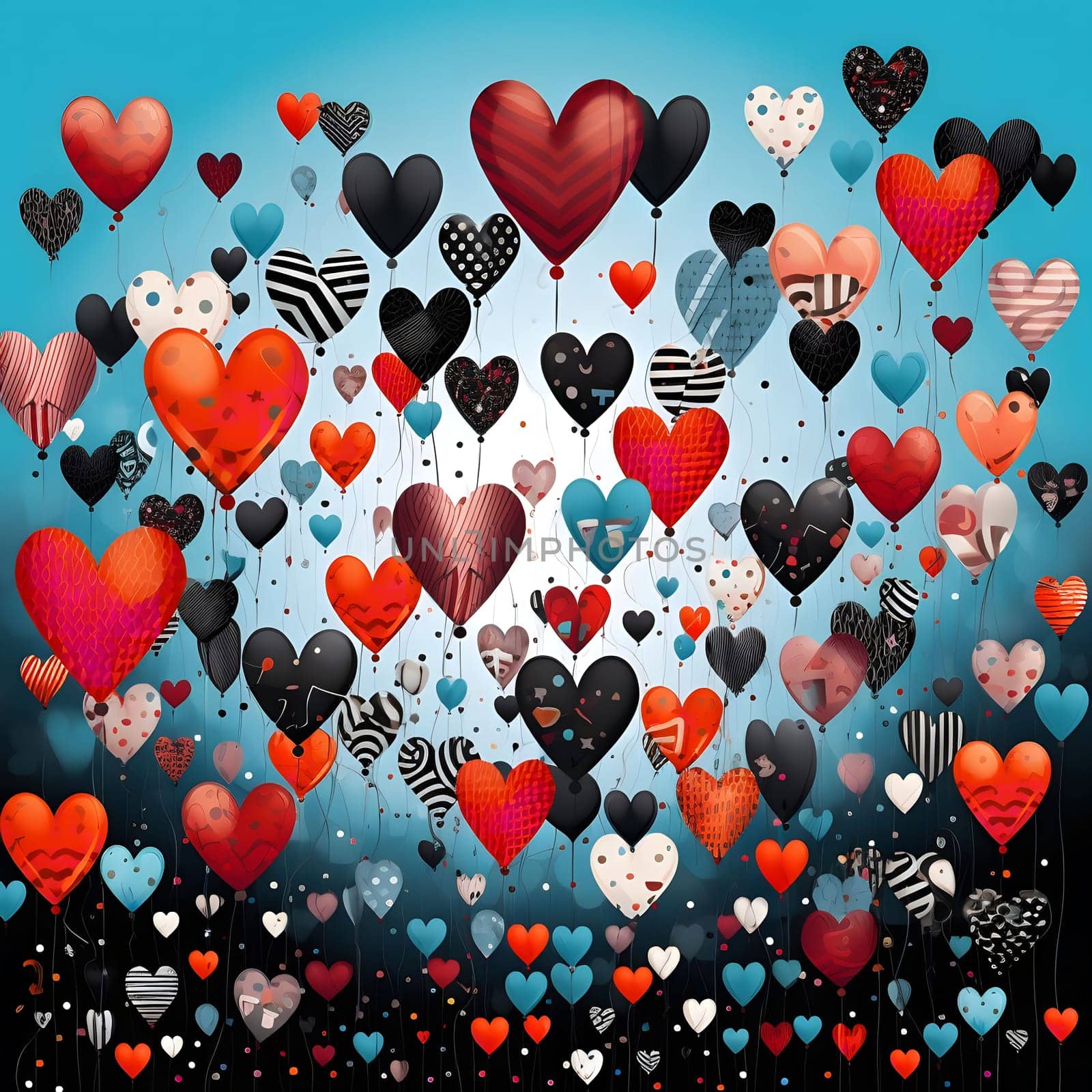Hundreds of colorful heart-shaped balloons fill a bright blue sky. A joyous celebration of love and affection.
