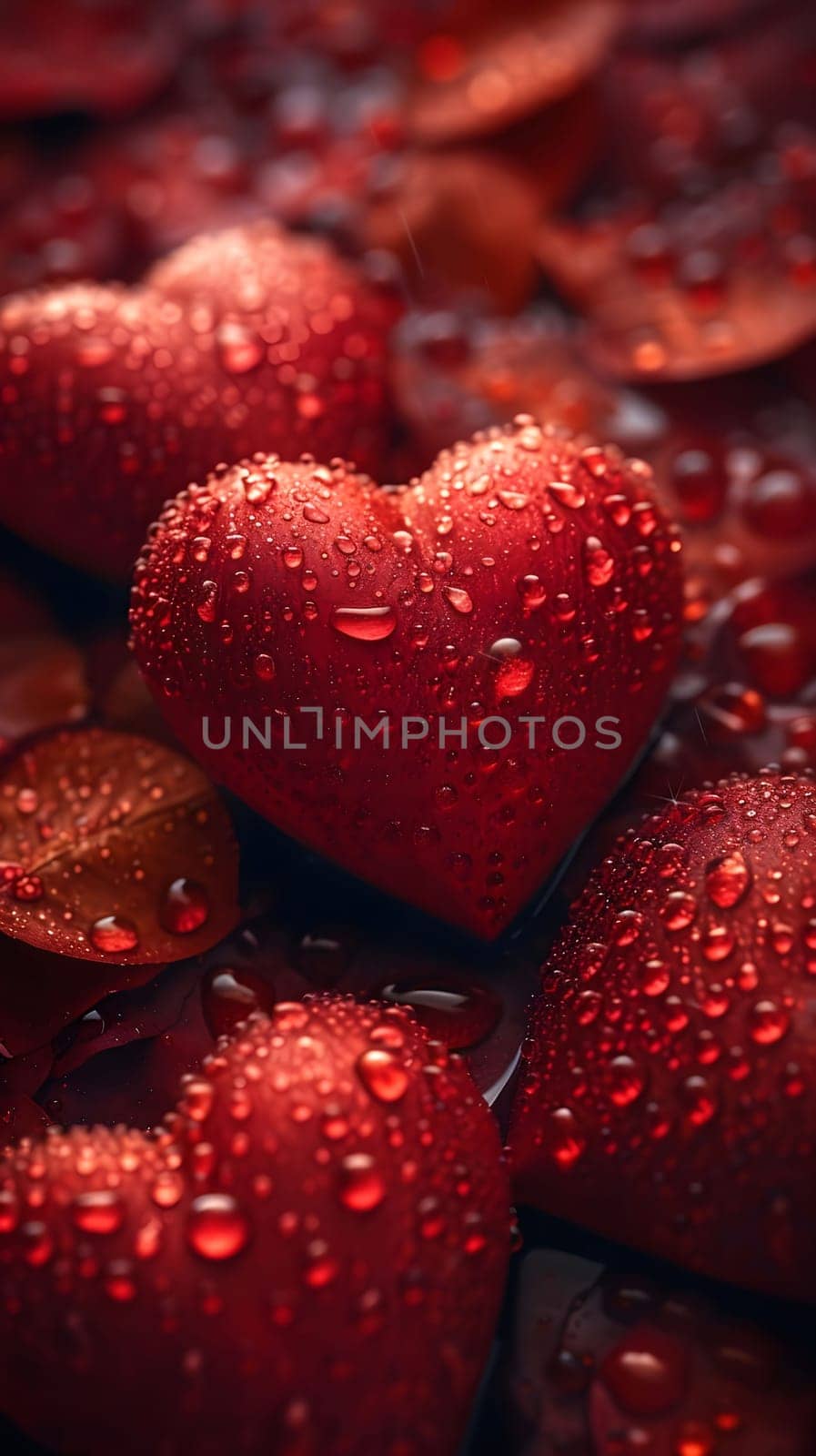 Close-up of red hearts covered in water droplets, surrounded by rose petals. A romantic Valentine's Day image.