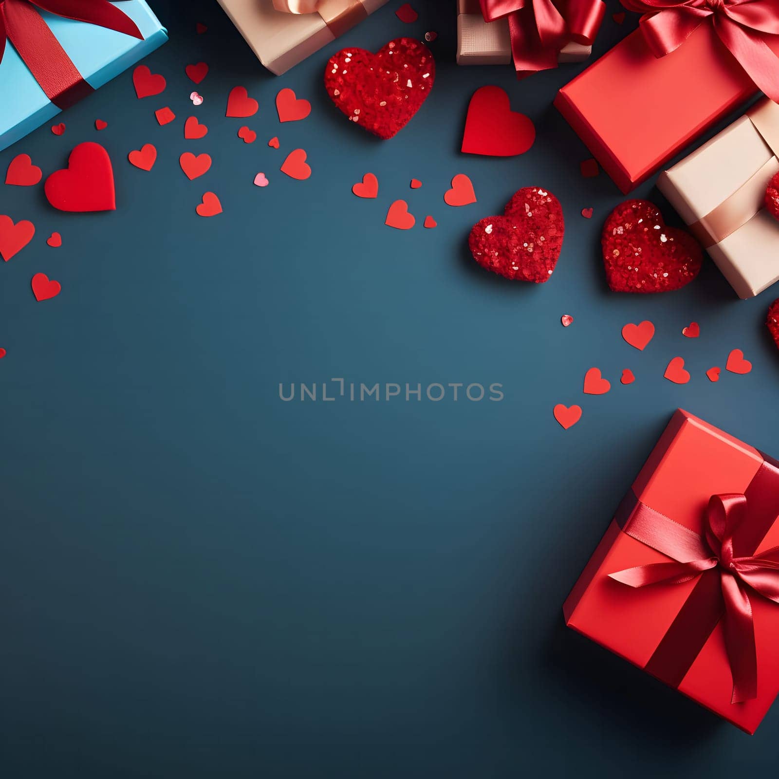 Red gifts and hearts on a dark blue background. Perfect for Valentine's Day cards and celebration.