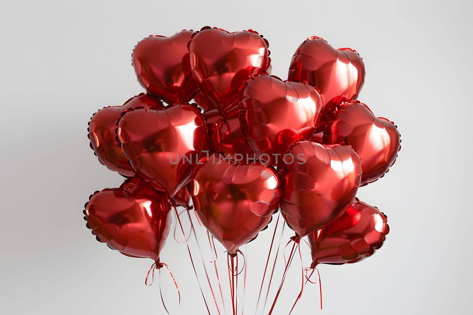 A bunch of shiny red heart-shaped balloons, perfect for Valentine's Day or a romantic celebration.
