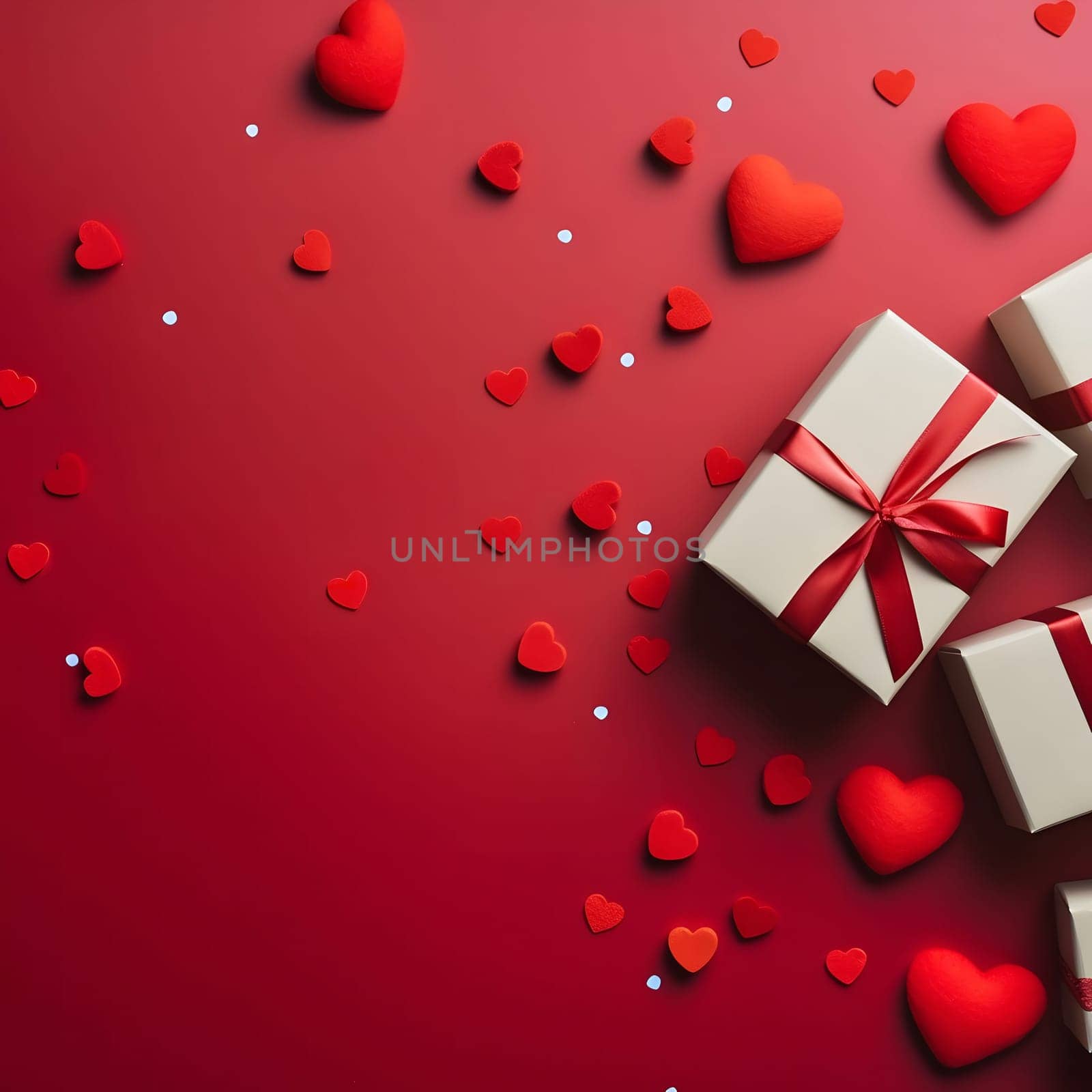 Red hearts and gifts on a red background, perfect for Valentine's Day. Celebrate love!