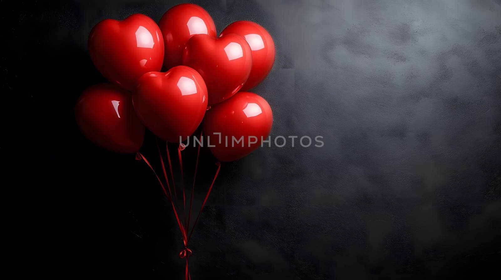 A cluster of red heart-shaped balloons against a dark background. Perfect for Valentine's Day.