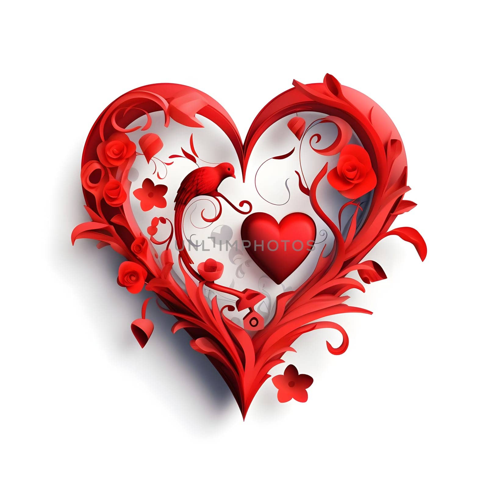A stunning red heart design, perfect for Valentine's Day. Features intricate floral details and a small bird.
