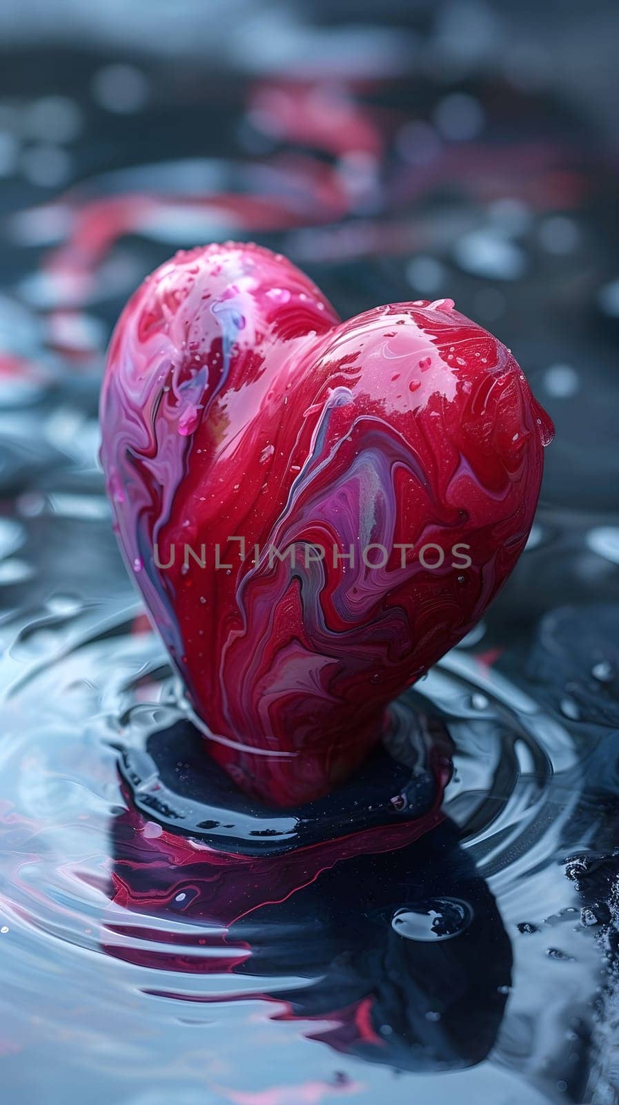 A vibrant marbled heart floats in dark water, creating a captivating contrast and romantic atmosphere. The image is a study in texture, color, and reflection.
