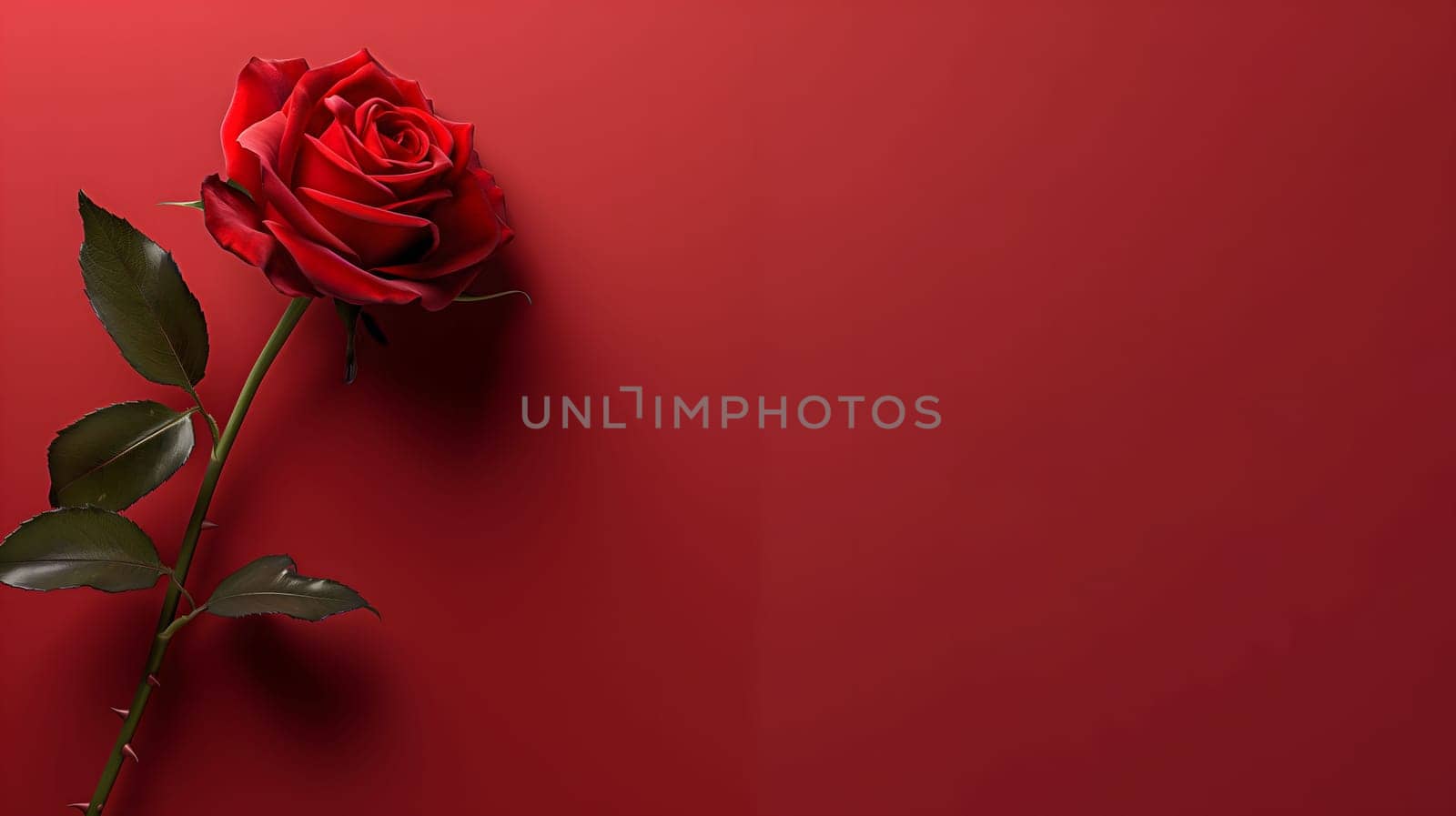 A single, elegant red rose on a matching red background. Symbol of love and passion.