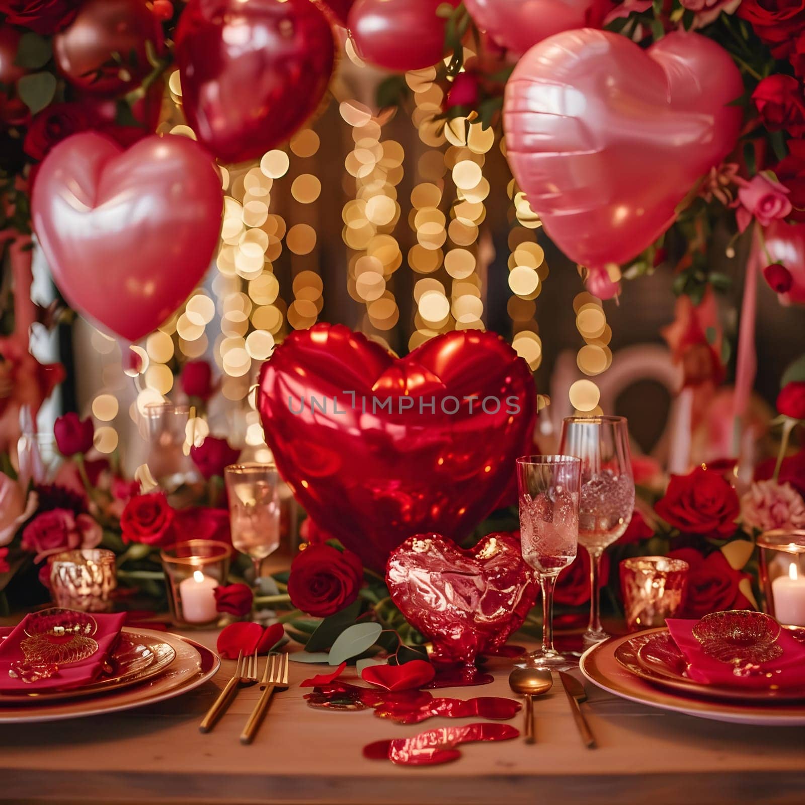 A romantic Valentine's Day table setting with red and pink heart-shaped balloons, roses, candles, and elegant tableware.