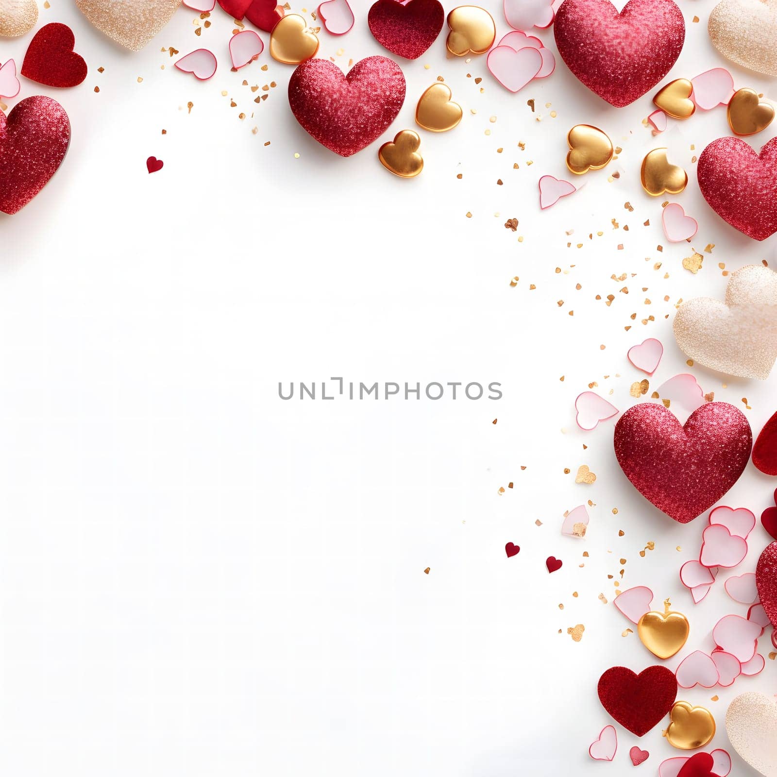 A Valentine's Day background featuring red, gold, and pink glitter hearts on a white surface. Perfect for greeting cards and romantic celebrations.