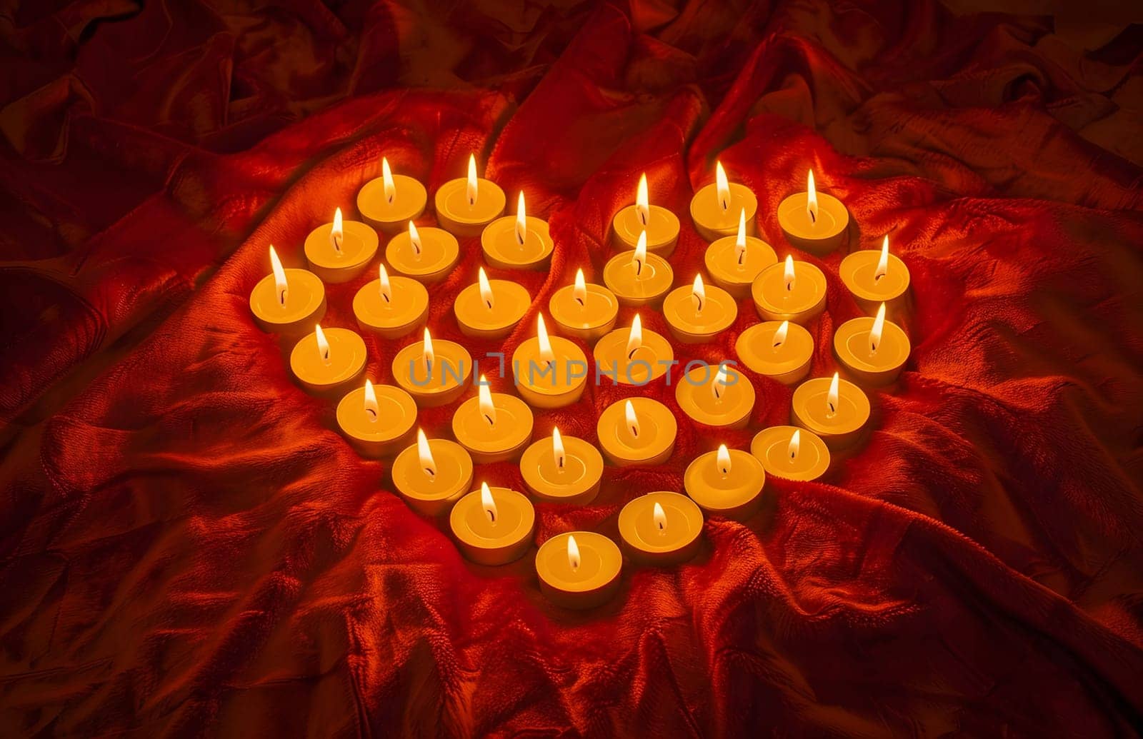 Burning candles arranged in a heart shape on red fabric. Romantic, warm, and serene atmosphere.