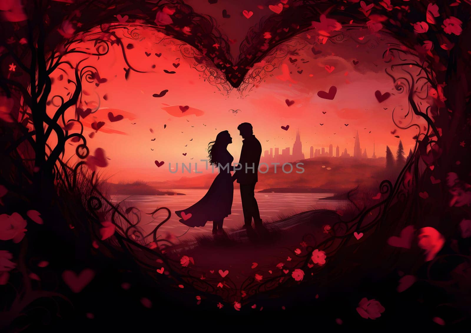 A romantic digital painting of a couple silhouetted against a sunset, framed by a heart-shaped tree