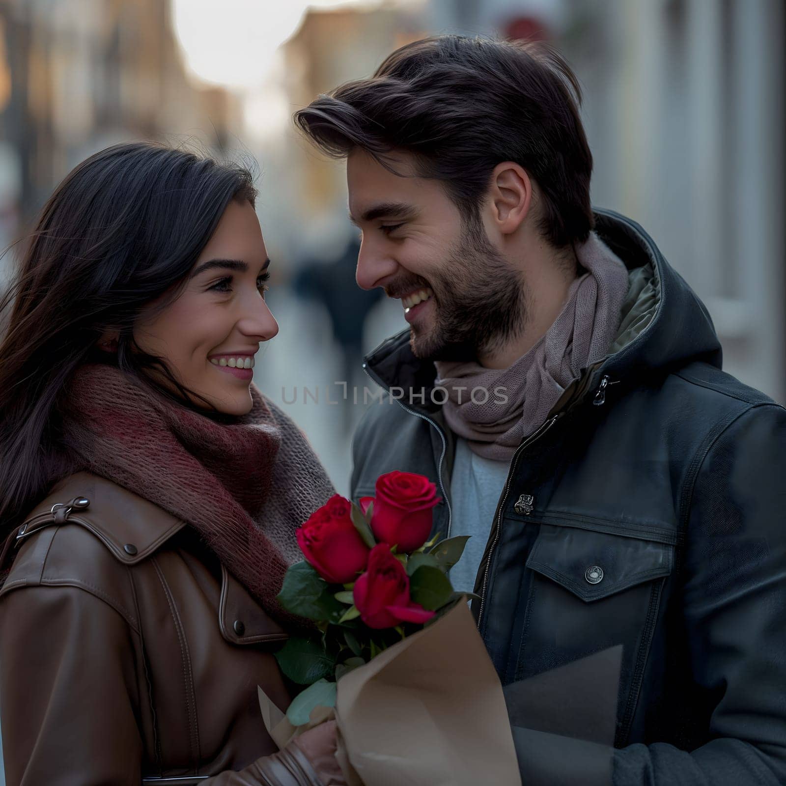 A happy couple sharing a romantic moment in the city, exchanging smiles and flowers. Warm and loving atmosphere.