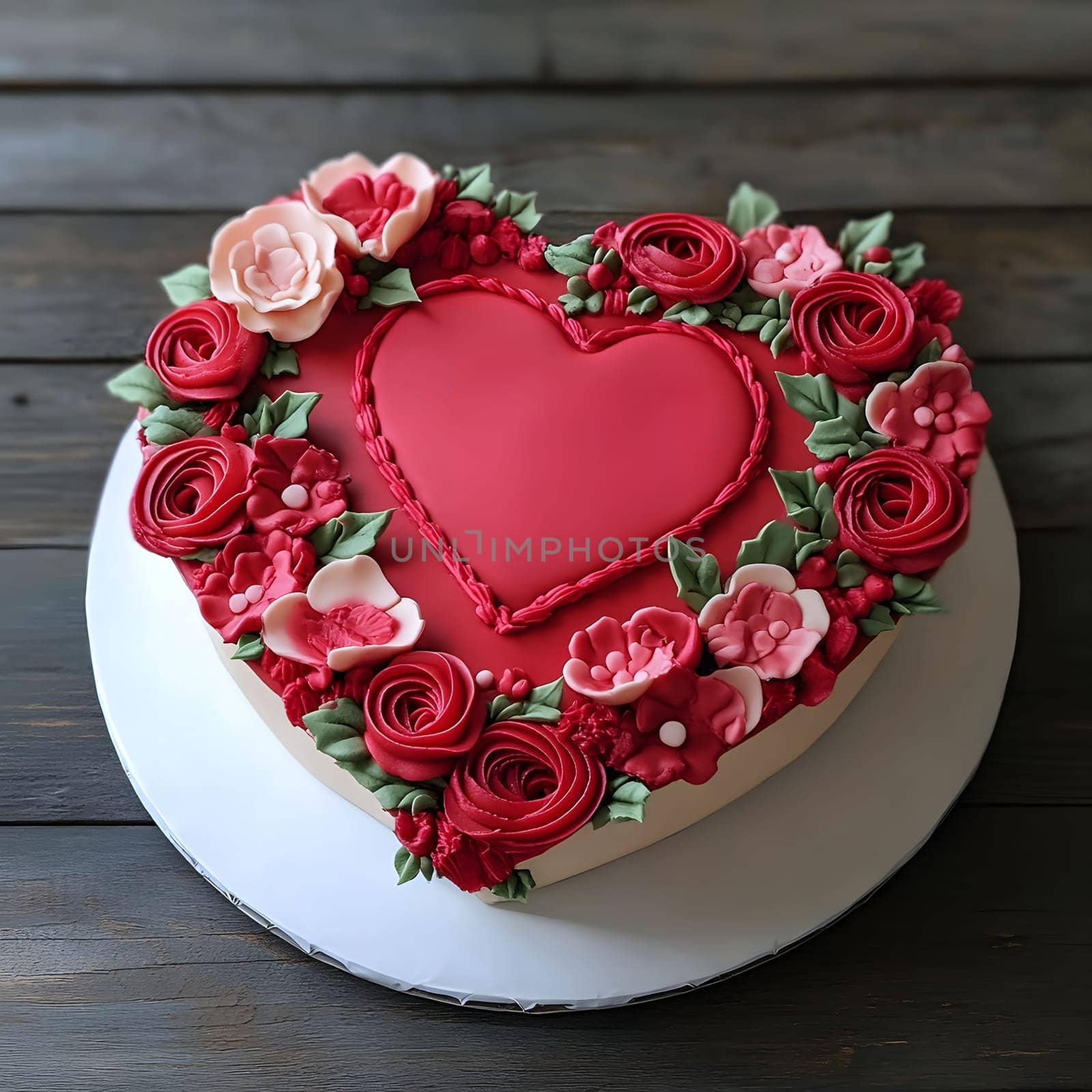A heart-shaped cake adorned with delicate red roses and other flowers. Perfect for Valentine's Day or a romantic occasion.