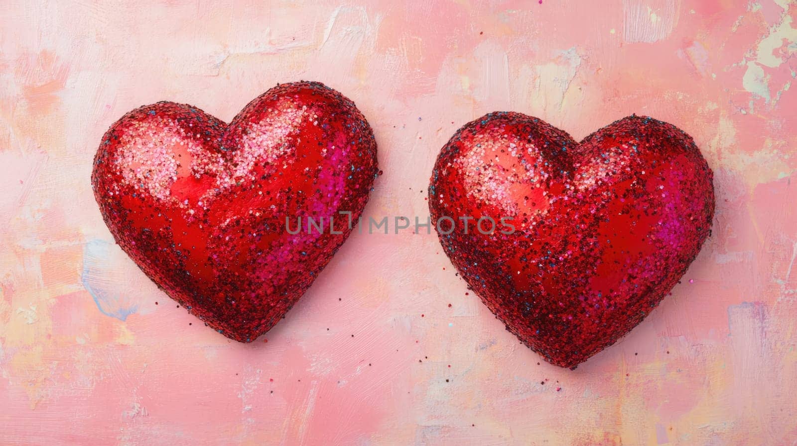 Two red glass hearts with glitters on pink background. St. Valentine's day concept. Symbol of love, romance and passion.