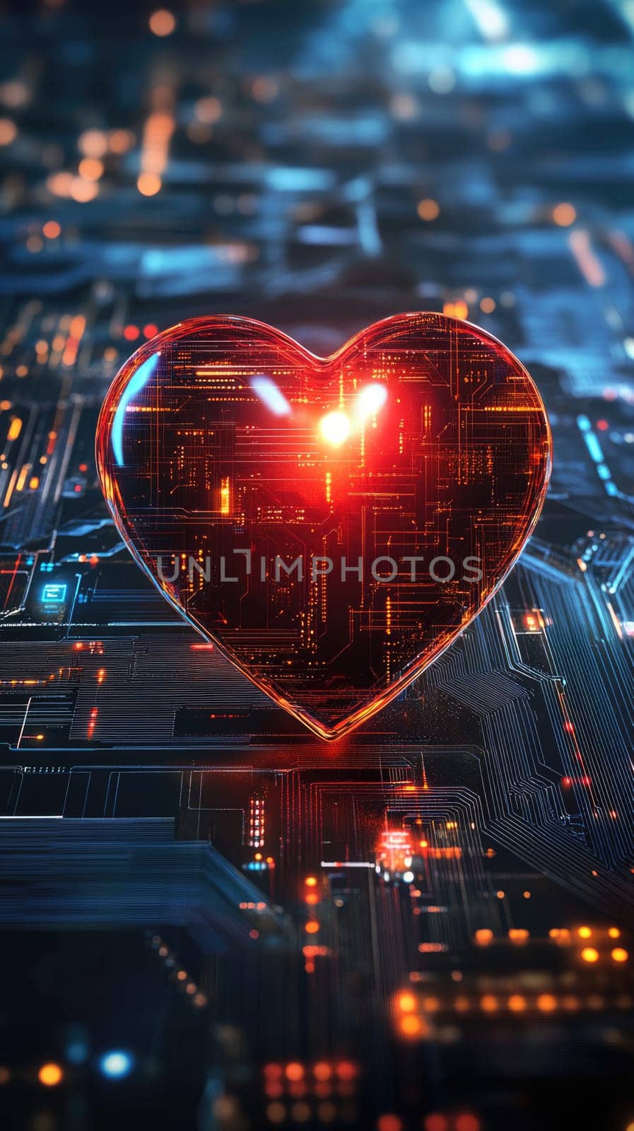 Red digital heart in cyberspace. Virtual reality, programming and information technology of the future. Artificial intelligence, code data and cybersecurity. St. Valentine's Day love concept.