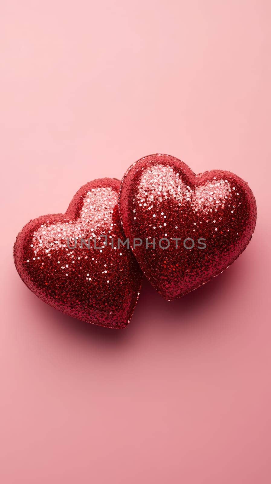 Two red glass hearts with glitters on pink background. St. Valentine's day concept. Symbol of love, romance and passion.
