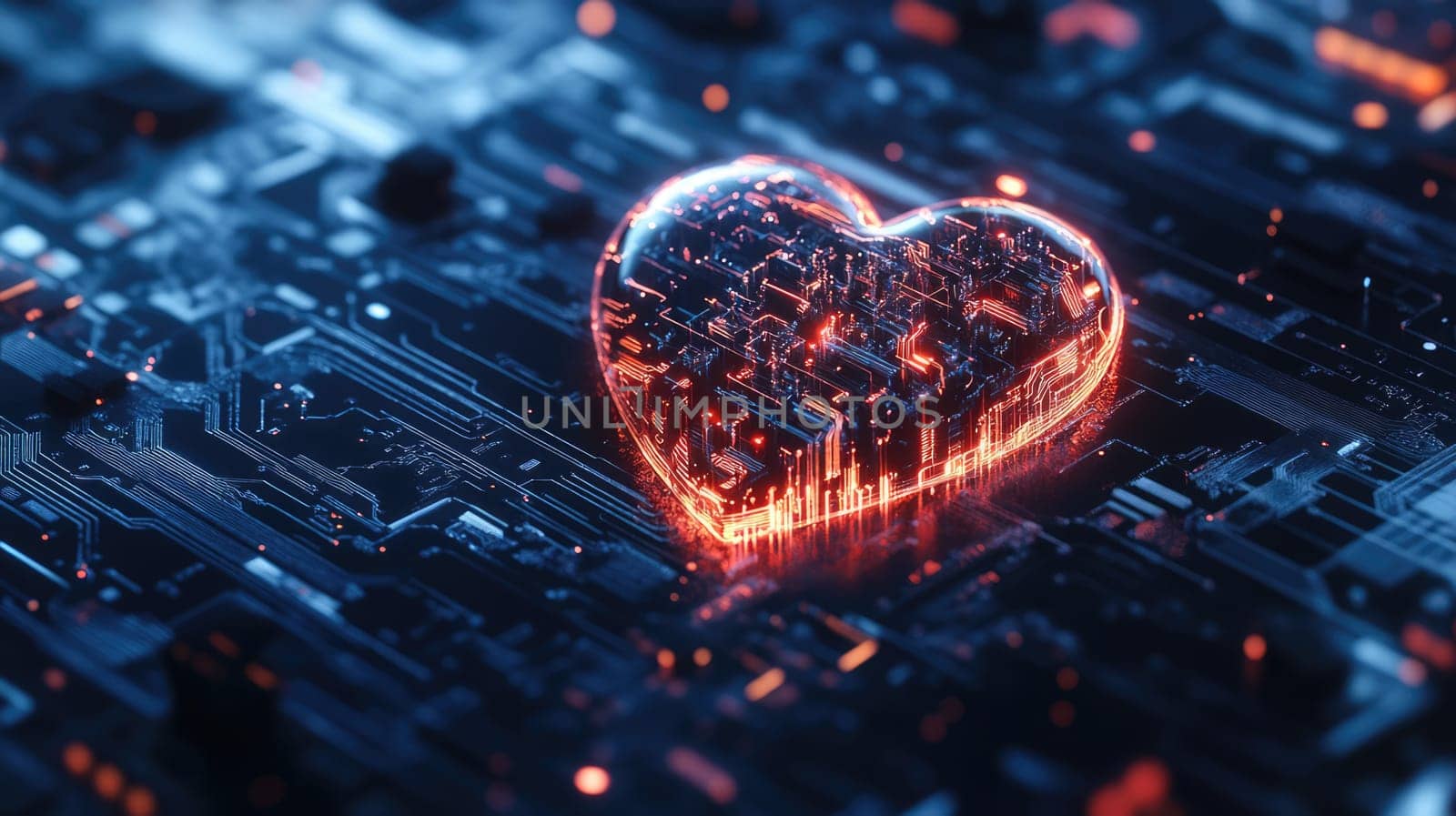 Red digital heart in cyberspace. Virtual reality, programming and information technology of the future. Artificial intelligence, code data and cybersecurity. St. Valentine's Day love concept.