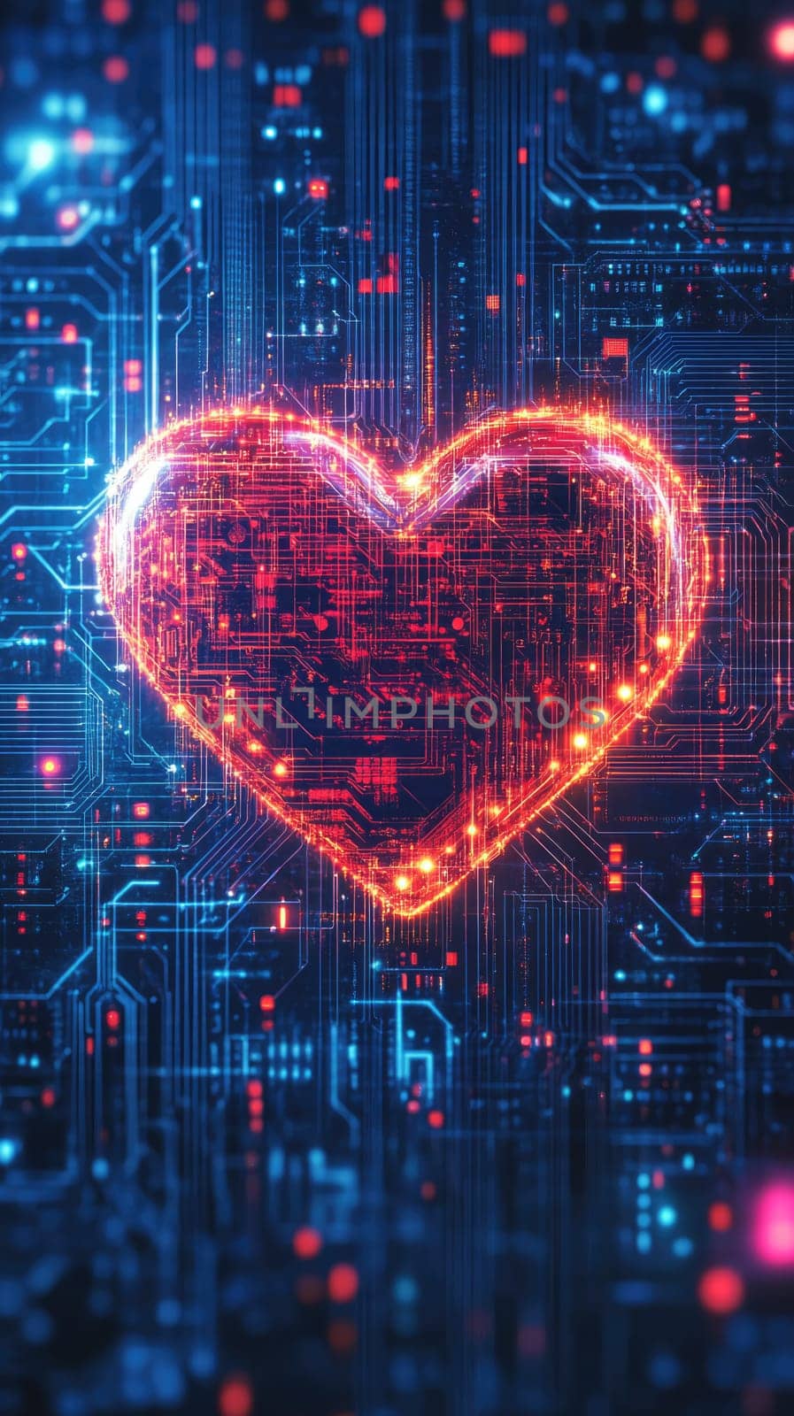 Red digital heart in cyberspace. Virtual reality, programming and information technology of the future. Artificial intelligence, code data and cybersecurity. St. Valentine's Day love concept.