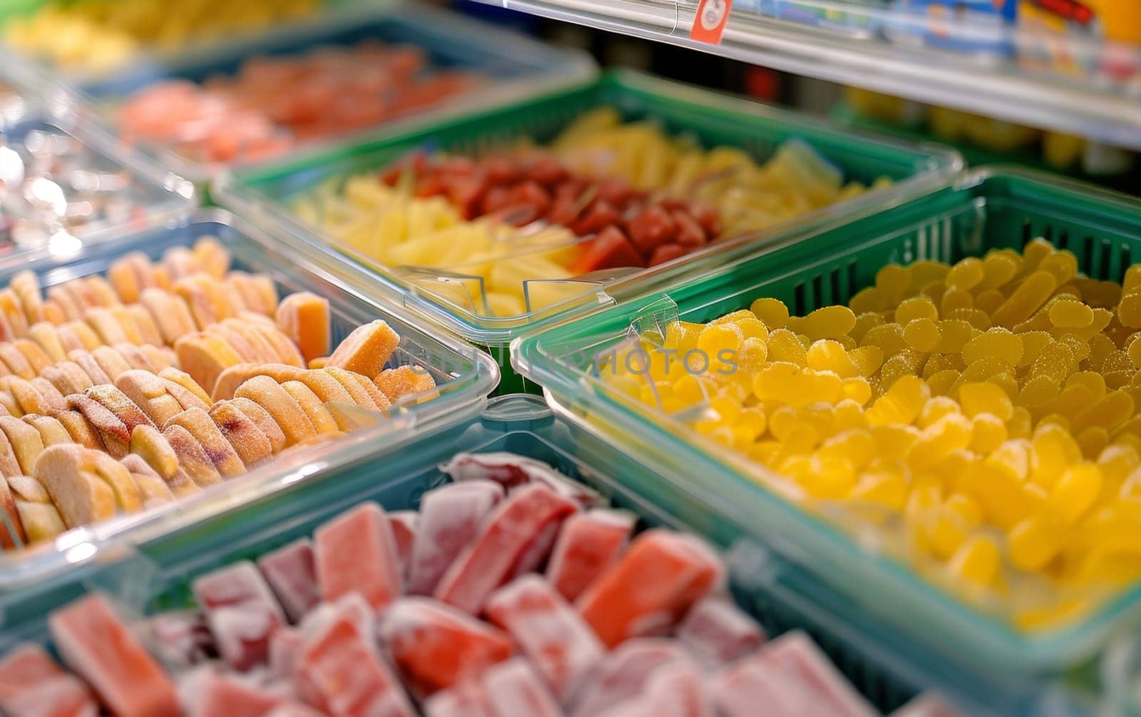 An assortment of savory snacks and appetizers, including crackers, cheese, and cured meats, neatly arranged in a transparent storage container
