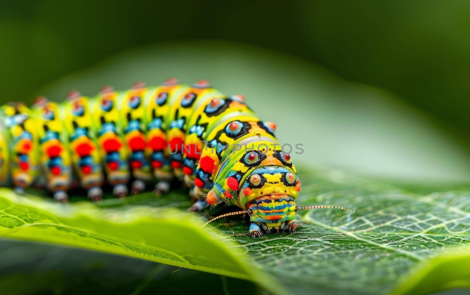 An up-close and captivating image of a caterpillar, showcasing the stunning complexity and artistry of its natural design