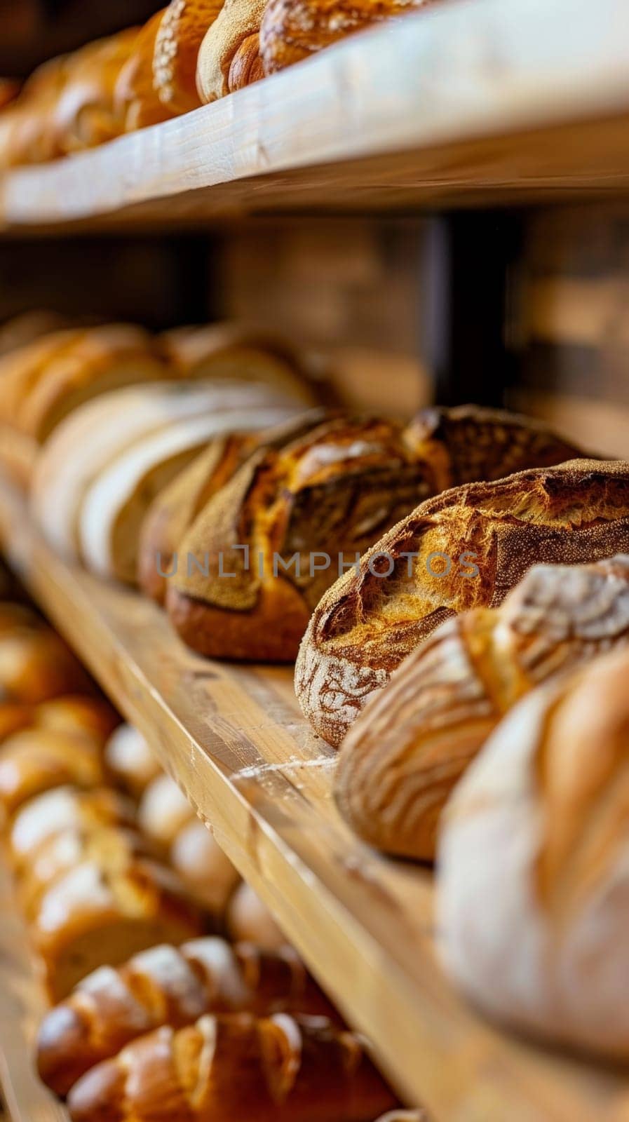 A close view of a shelf with assorted crusty bread loaves in sharp focus in a bakery