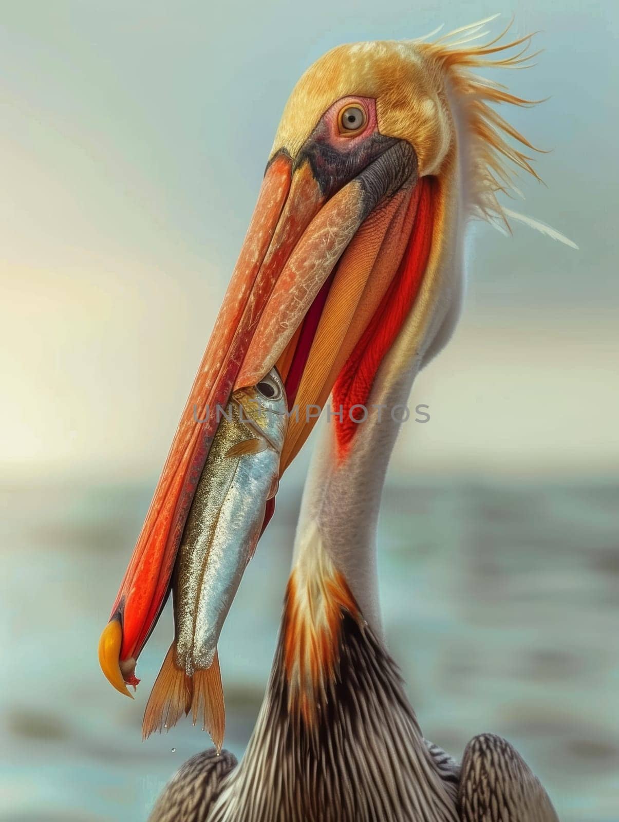 A dynamic shot of a pelican at the seaside, mouth open, showcasing a fish as it engages in its feeding ritual
