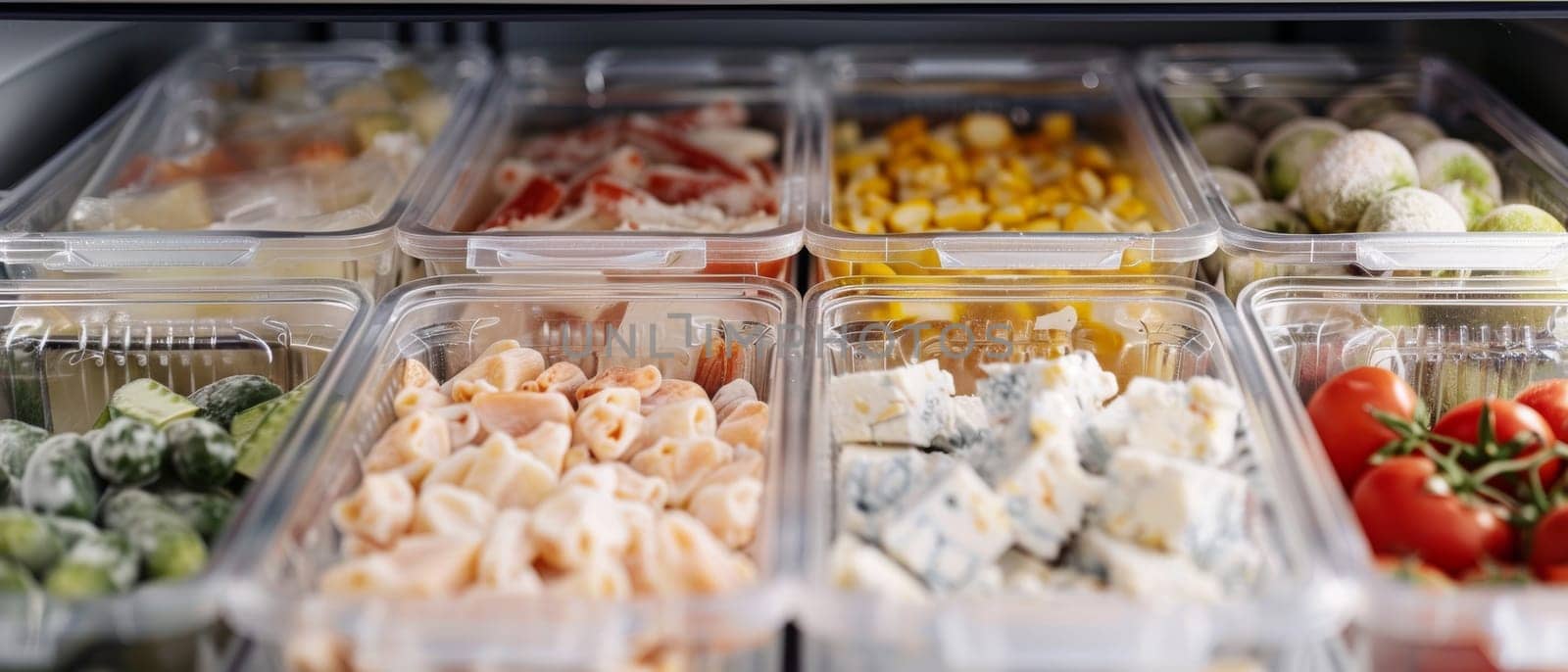 Multiple types of dairy products and frozen foods orderly arranged in a fridge, depicting meal preparation and organization