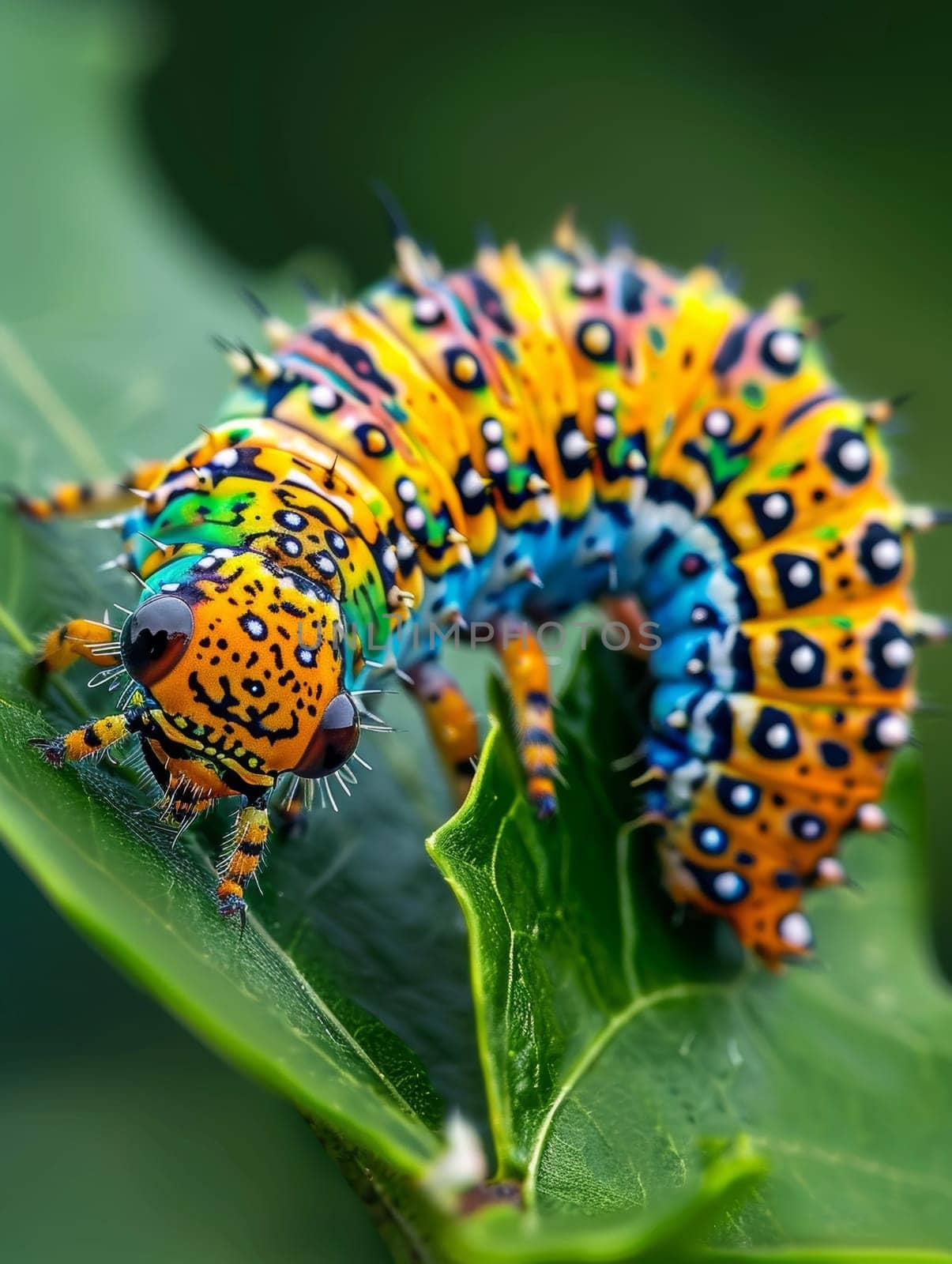 An ornately patterned caterpillar, with rich hues of blue, yellow, and black, curls up on a verdant leaf, highlighting the wonders of natural biodiversity
