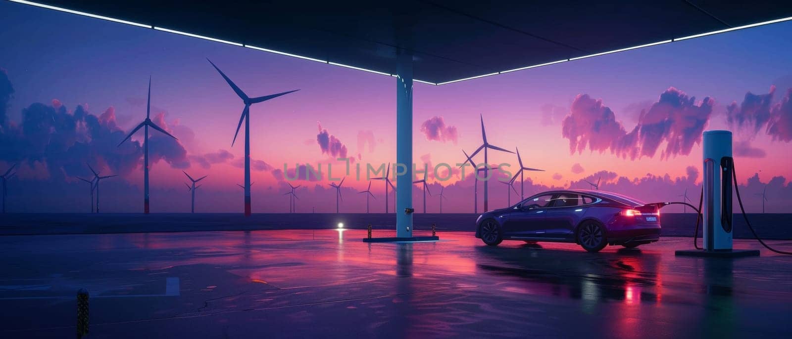 An electric car charges under a futuristic shelter, illuminated by the soft light of dawn with wind turbines against a purple sky