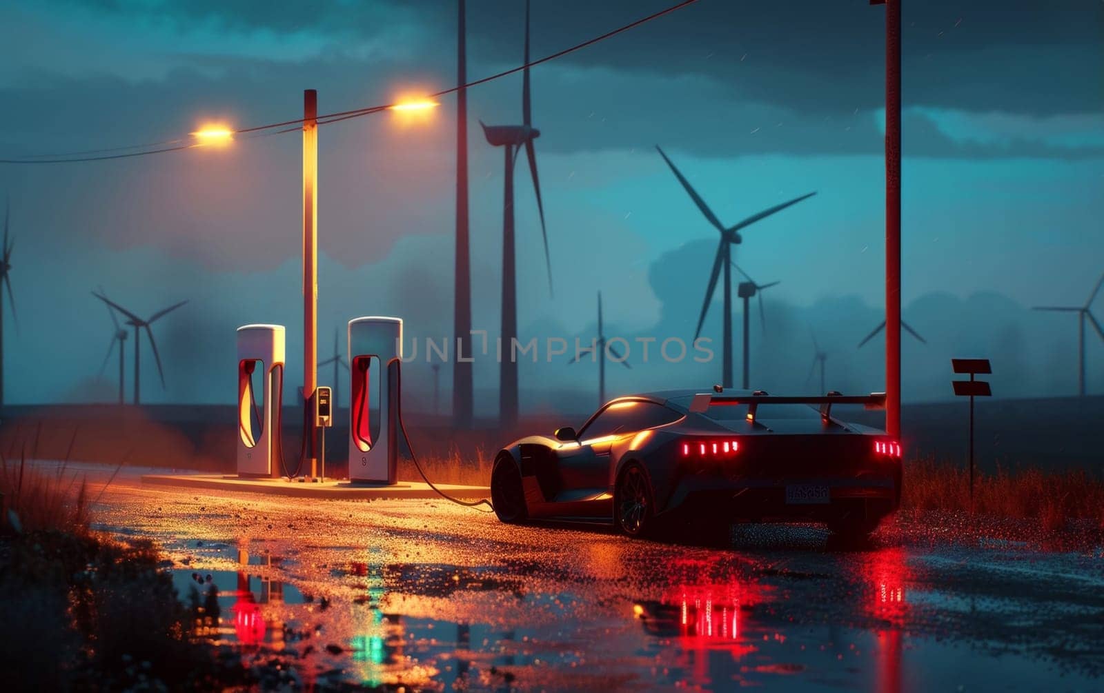 A high-performance electric sports car charges in the rain, illuminated by the soft glow of streetlights and wind turbines