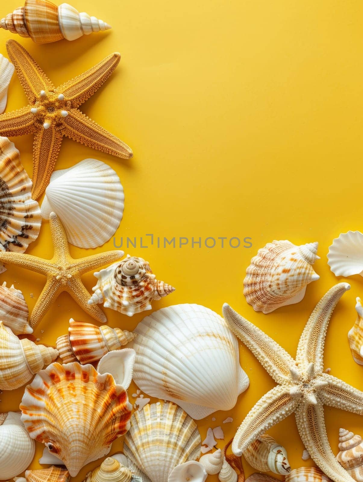 Assorted seashells artfully scattered on a yellow backdrop, showcasing the beauty of marine diversity in a tropical setting. Copy space for advertising, presentation product or text