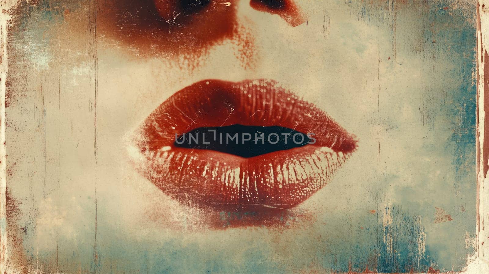 Old photo of red woman's lips, grey film strip texture. Vintage analog photograph with scratches.