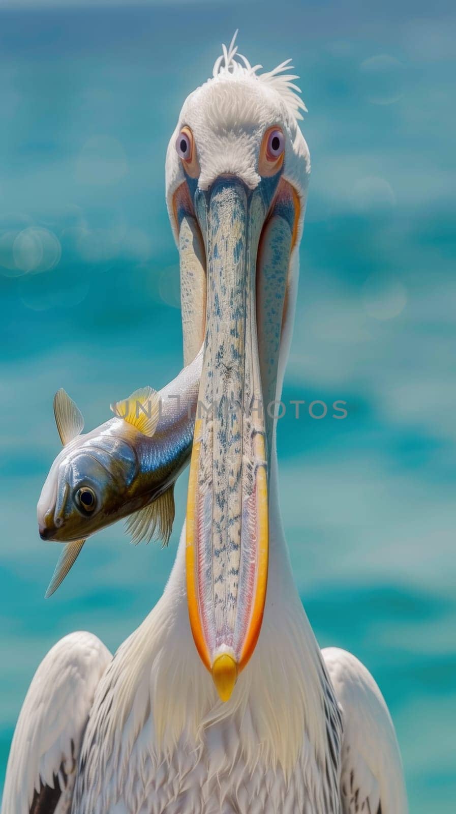 Majestic white pelican seen frontally displaying a fresh catch in its beak, with the serene blue ocean in the background.