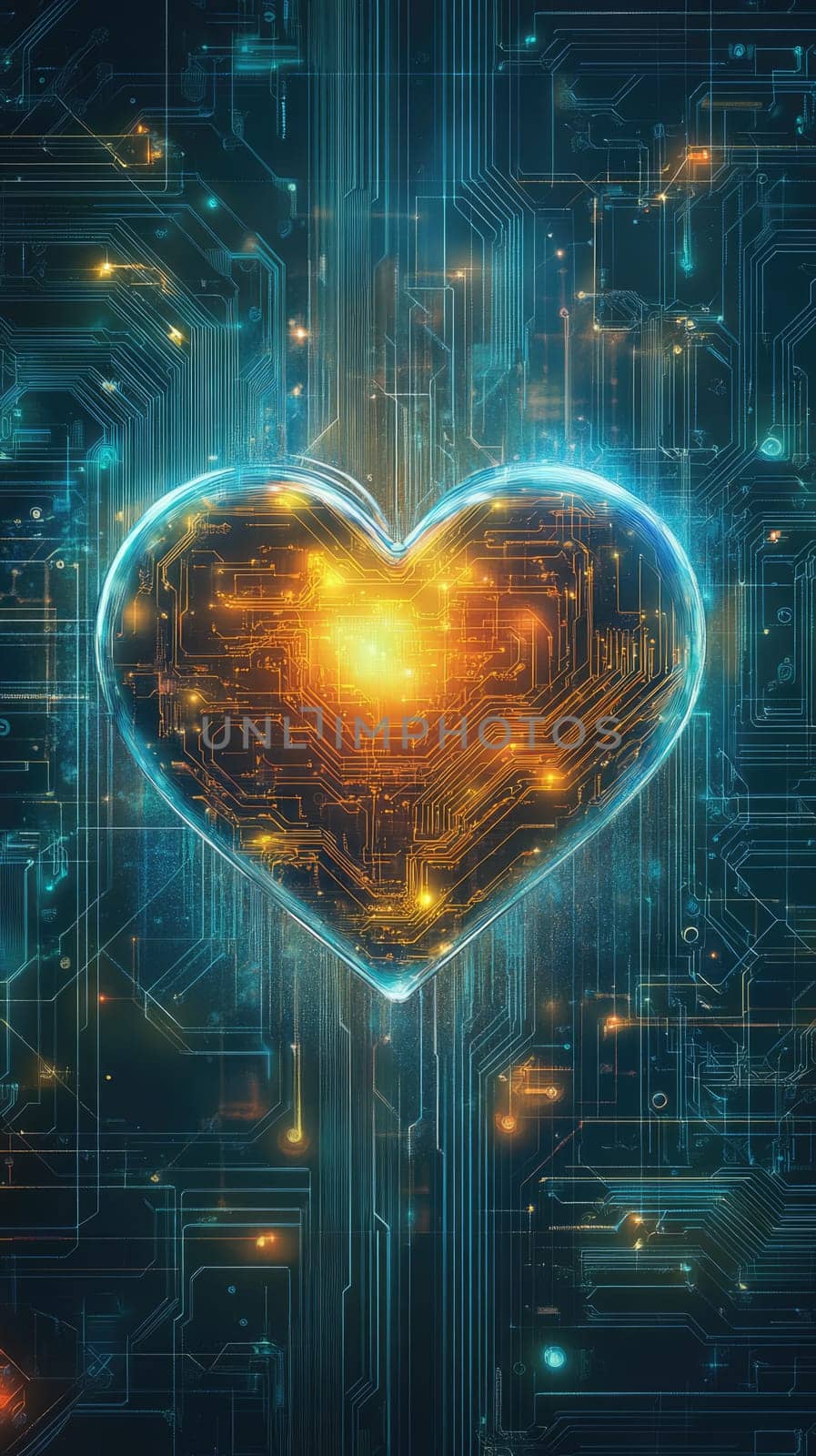 Yellow digital heart in cyberspace. Virtual reality, programming and information technology of the future. Artificial intelligence, code data and cybersecurity. St. Valentine's Day love concept.