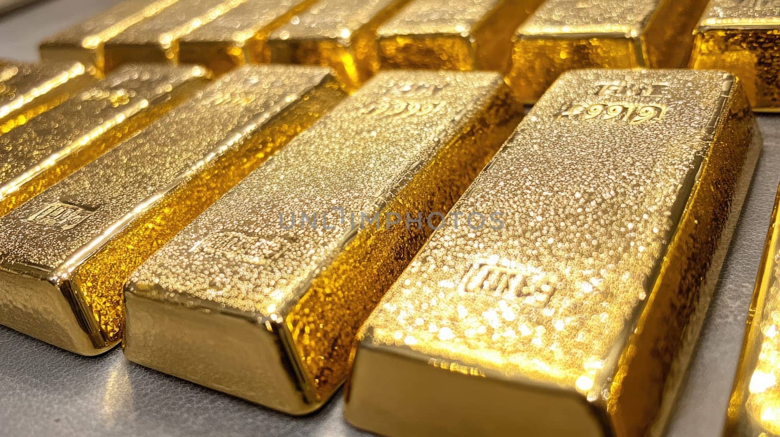 Rows of glittering gold bars. Financial economy banking concept. Glittering shiny golden precious metal background.