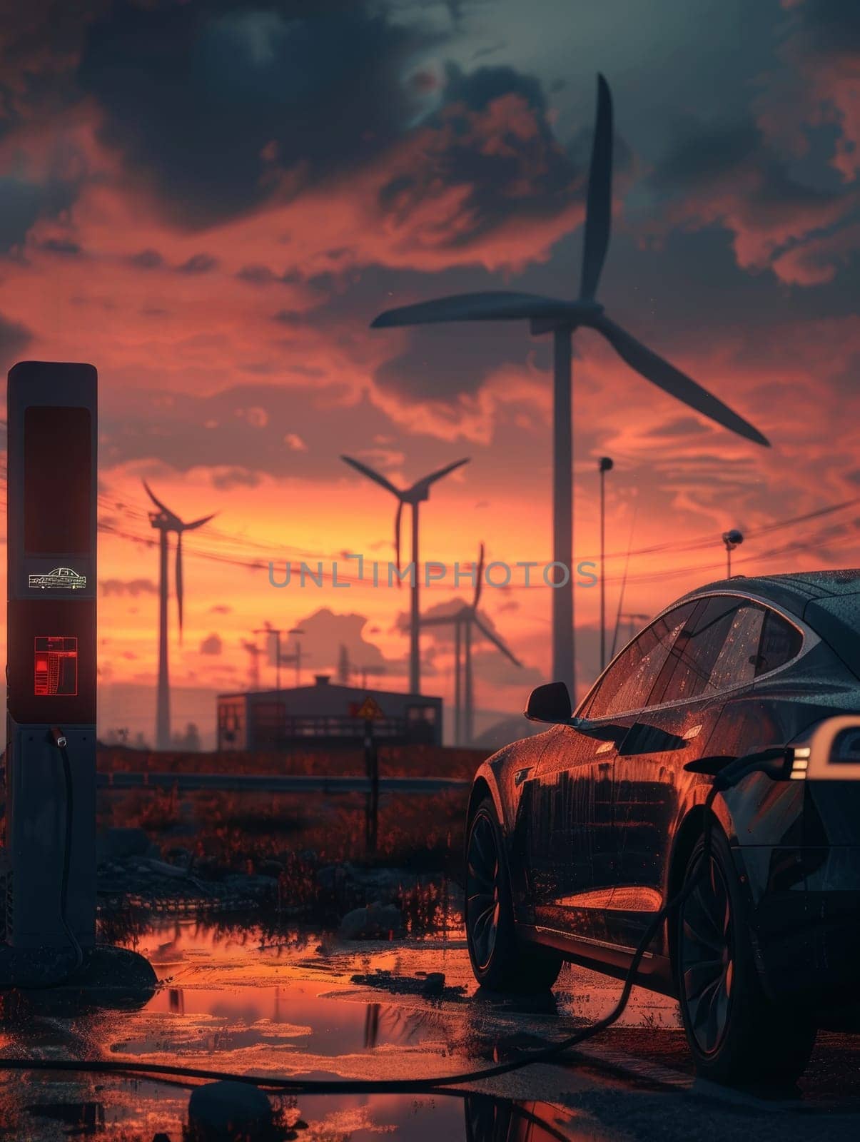 Reflections of a fiery sunset dance on the wet ground as an electric car recharges, with windmills in the backdrop