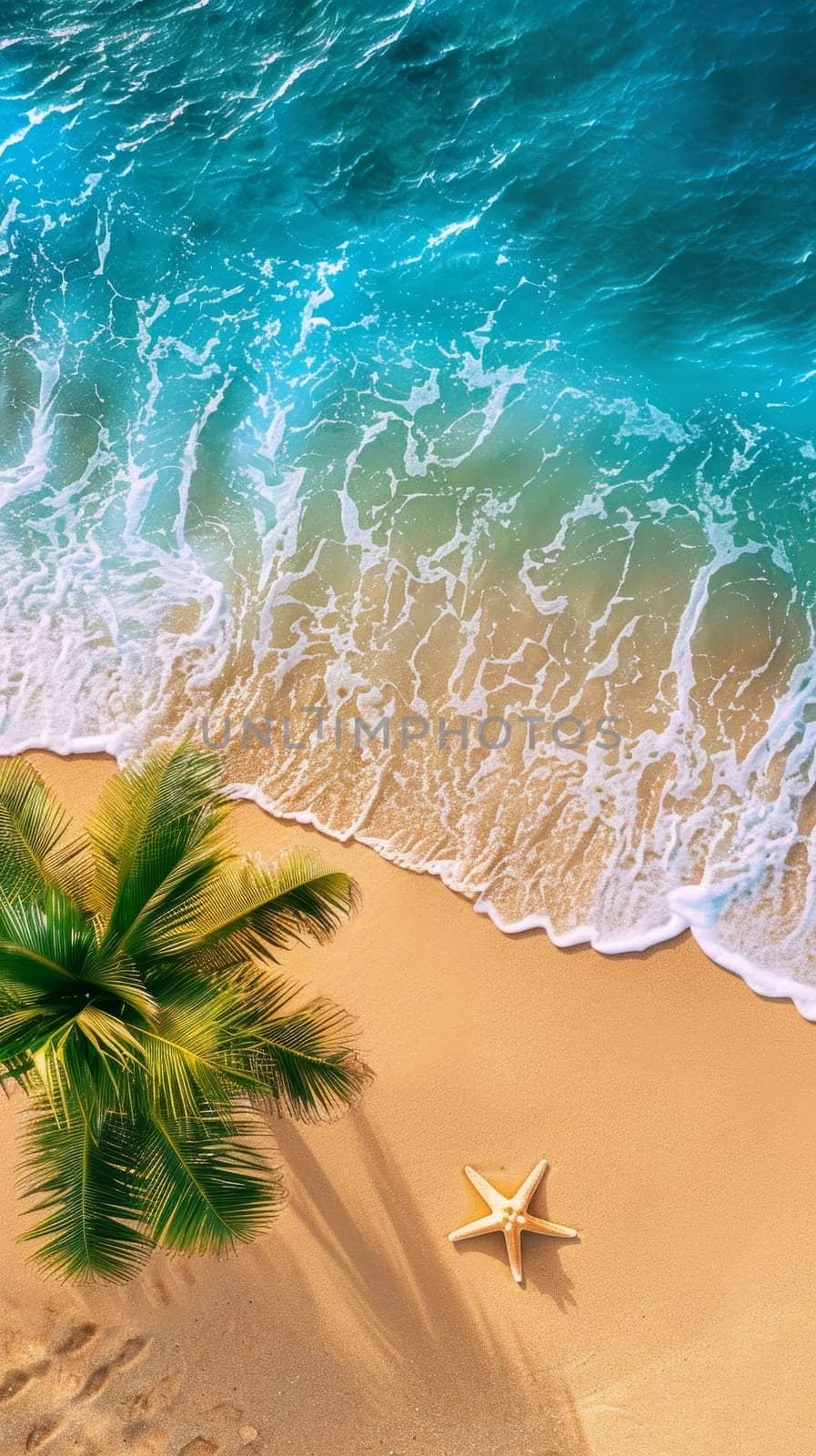 Golden sands of a beach meet the azure ocean waters, with a singular starfish and palm frond as serene highlights. Copy space for advertising, presentation product or text