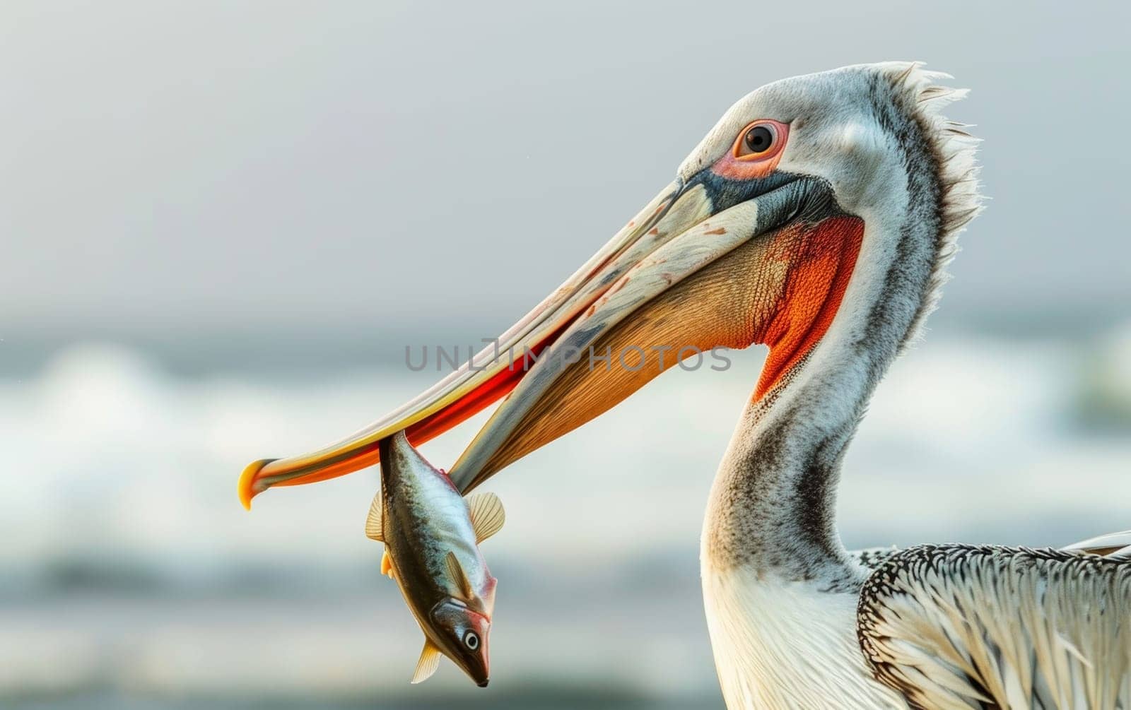 A serene scene of a pelican feasting on a fish, captured in the warm glow of the sunset by the sea