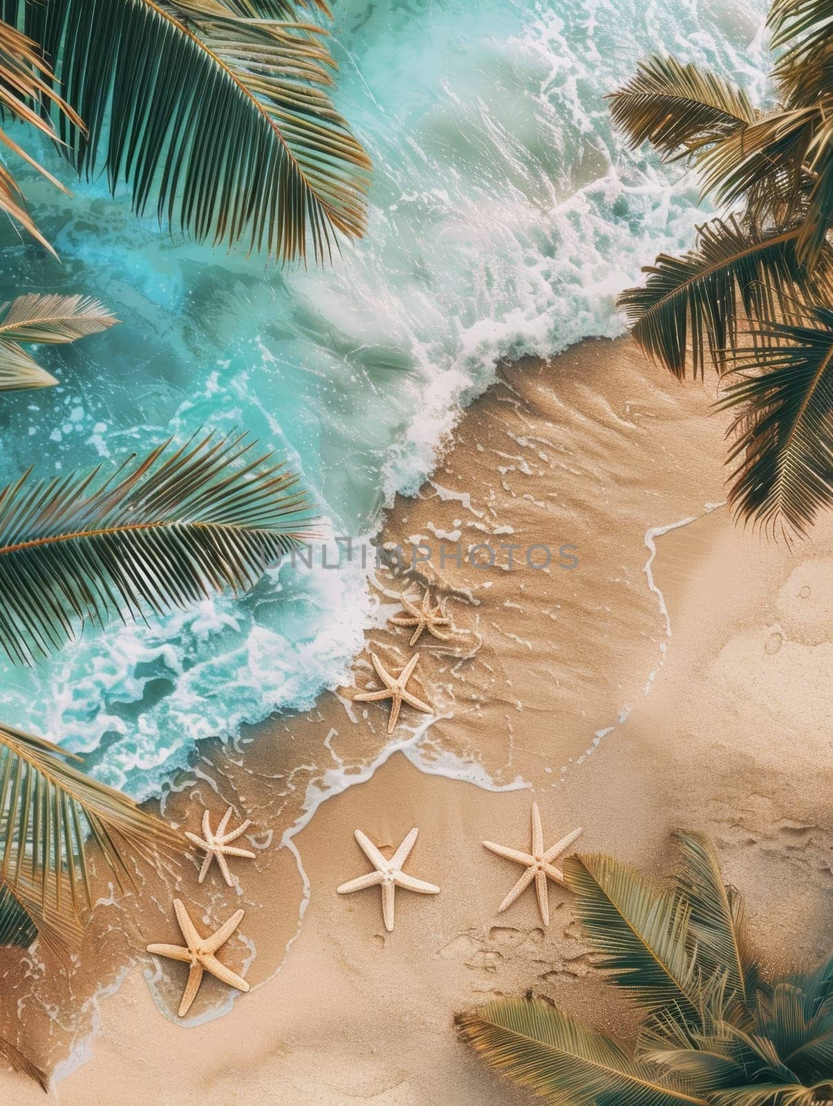 Powerful ocean waves crash upon the golden sandy beach, creating a mesmerizing display of turquoise foam and natural splendor. Copy space for advertising, presentation product or text