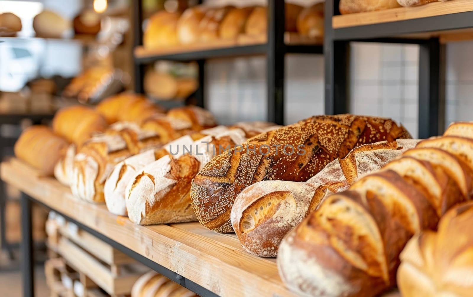A tempting selection of freshly baked breads, pastries and other baked goods neatly arranged on wooden shelves in a charming bakery setting
