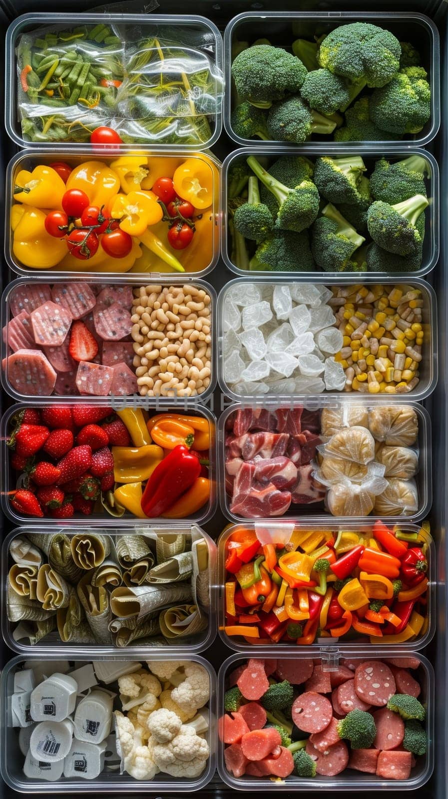 Top view of various raw and processed food items sorted in compartmentalized containers, ideal for food prep and display.