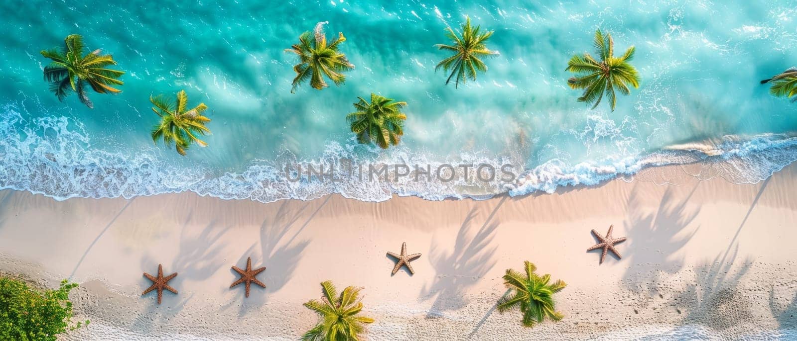 Aerial view of a sun-kissed beach with palm trees and starfish along the white foam of the sea. Copy space for advertising, presentation product or text