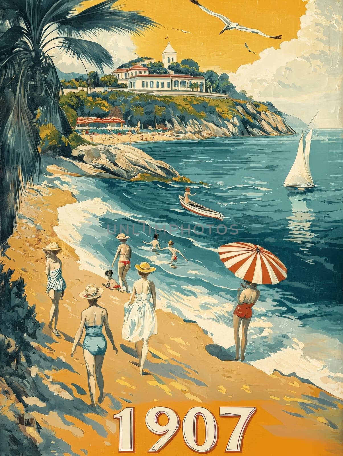 In 1907, families stroll along a sandy beach under the sun near a cliffside villa. Sailboats float in the water while children play by the shoreline, creating a lively summer atmosphere.