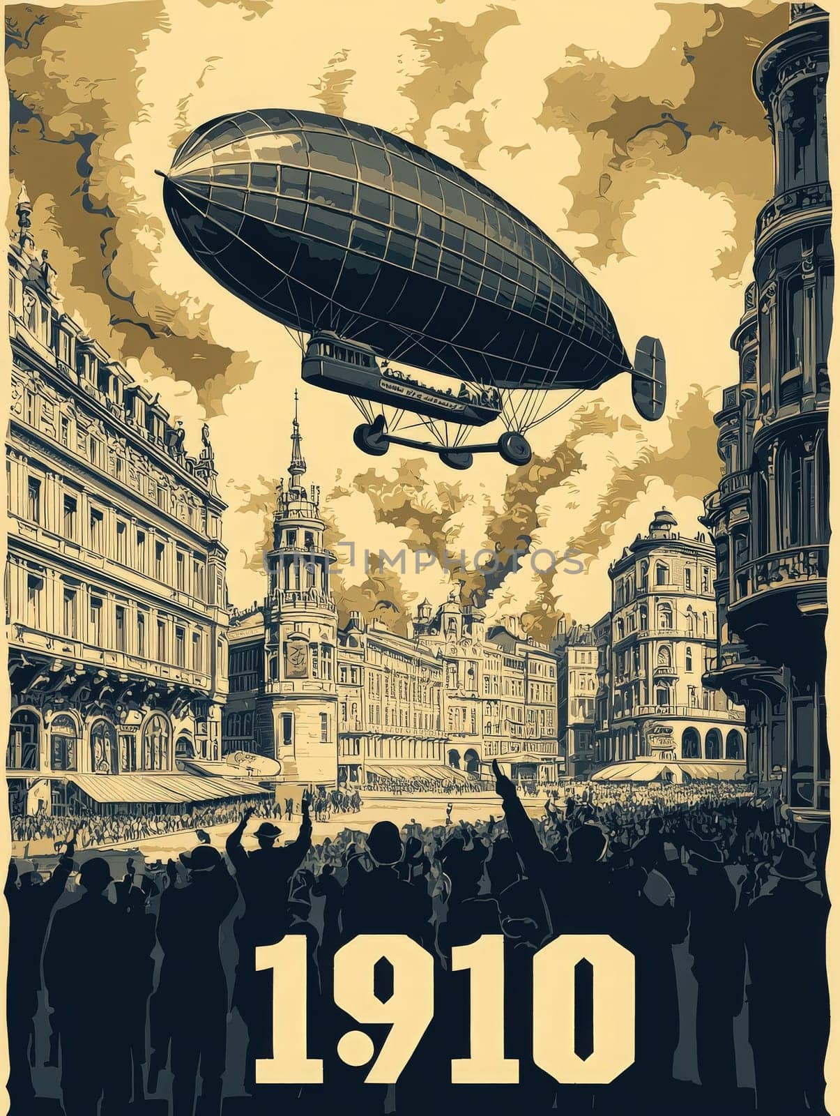 An airship glides over a bustling city square filled with people appreciating the spectacle. The architecture reflects early 20th-century design, setting a vibrant historical atmosphere.