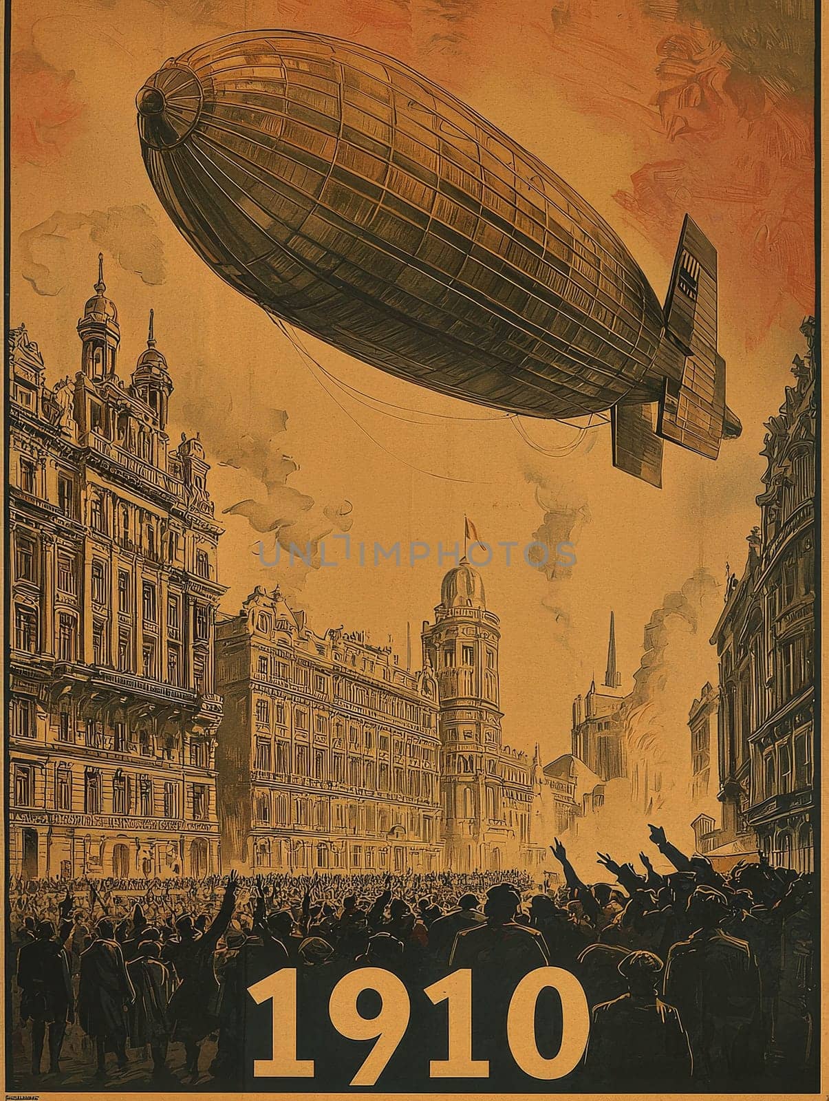 A large crowd in 1910 marvels at a zeppelin soaring above a bustling city. The buildings showcase classic architecture, highlighting the eras grandeur and excitement for aviation.