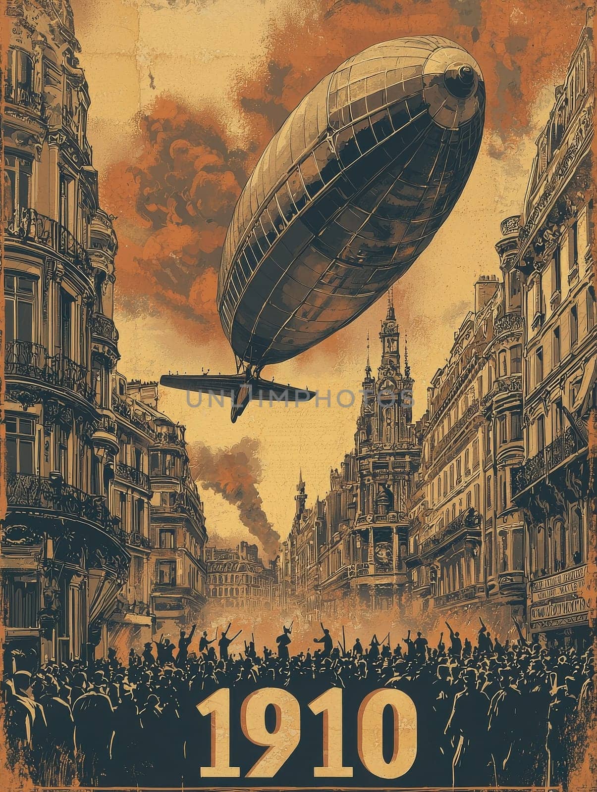A large airship hovers above a crowded street filled with people in early 1900s attire. The historical buildings create a lively backdrop, reflecting the excitement of this era.