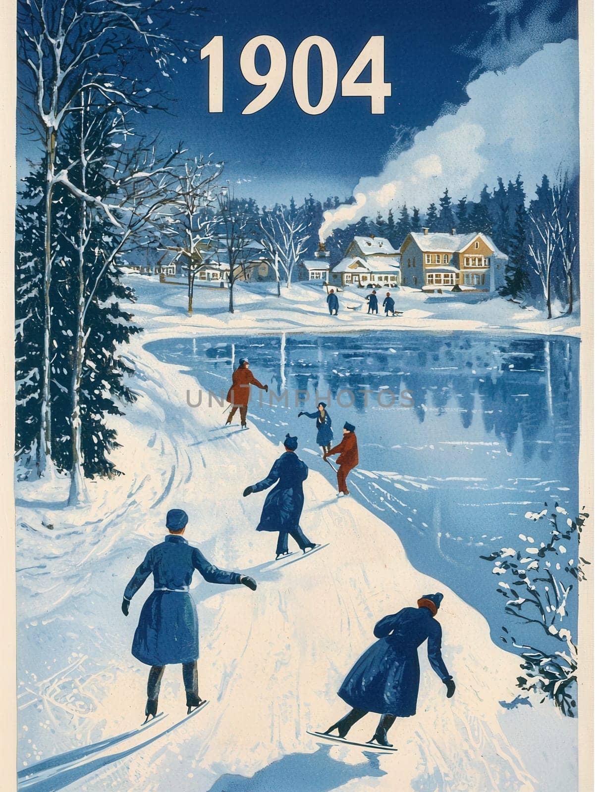 People enjoy ice skating and walking along a frozen lake, surrounded by snow-covered trees and quaint houses. The scene captures the charm of a winter day in 1904.