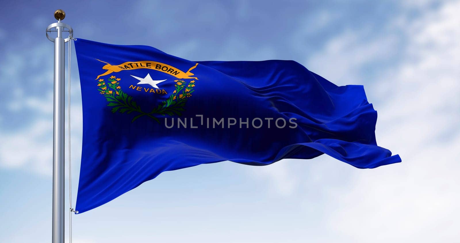 Nevada state flag waving in the wind on a clear day. Cobalt blue field with a state emblem on the top left. 3d illustration render. Rippled fabric