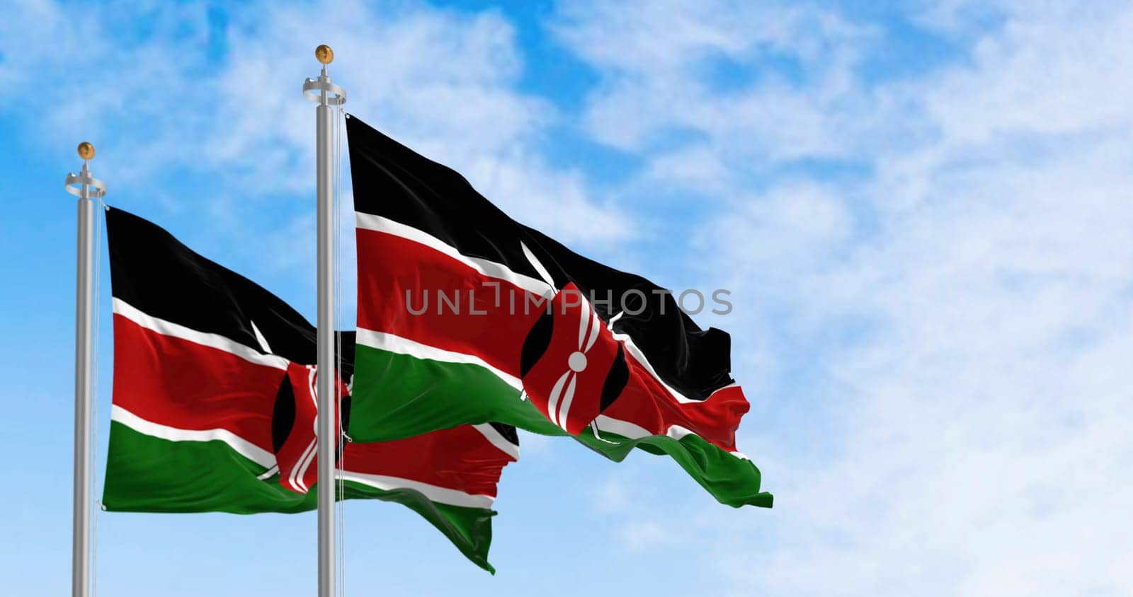 National flags of Kenya waving on a clear day. Black, red, and green bands separated by white lines, with a black Masai shield on two spears in the center. 3d illustration render. Fluttering fabric