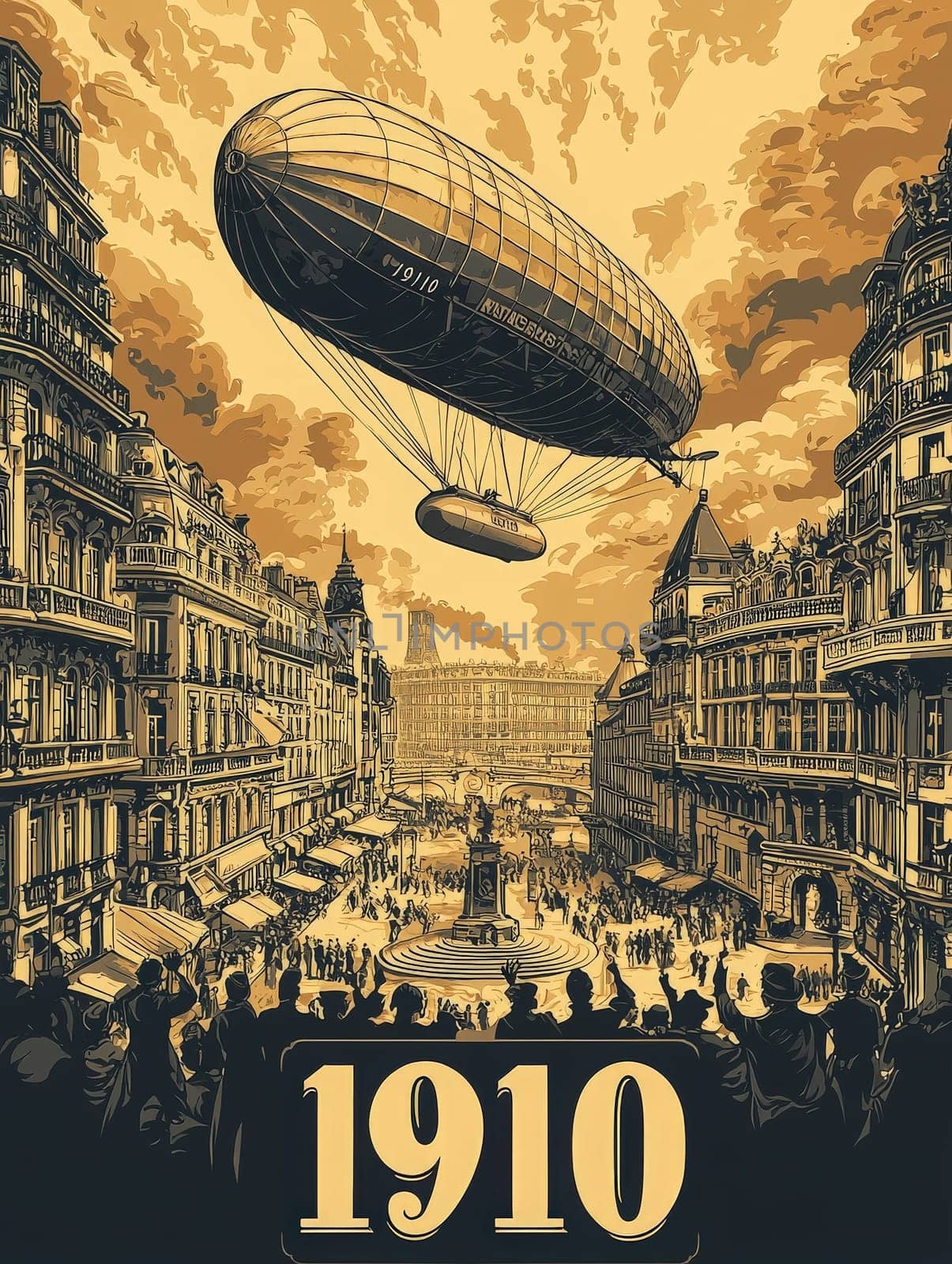 A vintage scene showcases a hot air balloon floating above a lively city square filled with people. Buildings line the streets, and a fountain stands prominently at the center, evoking the year 1910.