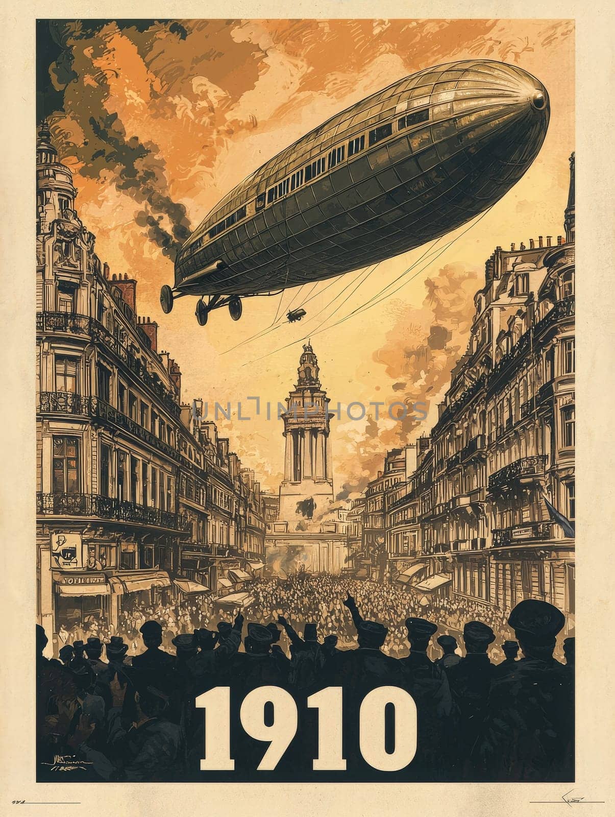 A grand airship floats above a bustling crowd in a city square, with historic buildings lining the streets. The sky is painted with warm hues of orange as the year 1910 is prominent below.